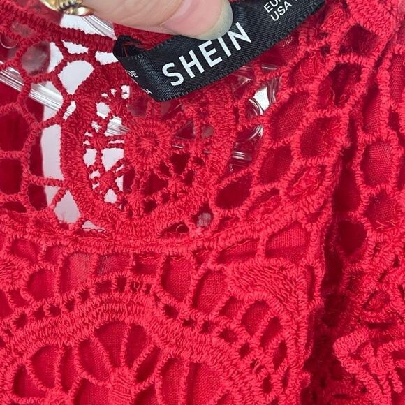 Shein Womens Blouse Top Eyelet Embroidered 100% Cotton Short Sleeve Red Small - Picture 8 of 13